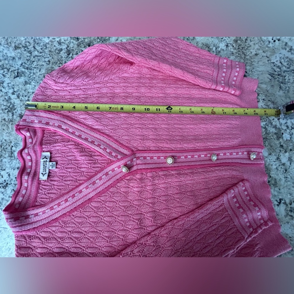 Nanette Lepore Pink Cable Knit Pullover Cardigan Sweater Pearl Buttons Size M - Picture 10 of 10